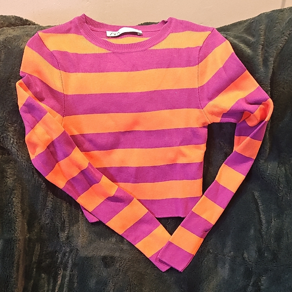 Zara Vibrant Purple and Orange Crew Neck Sweater